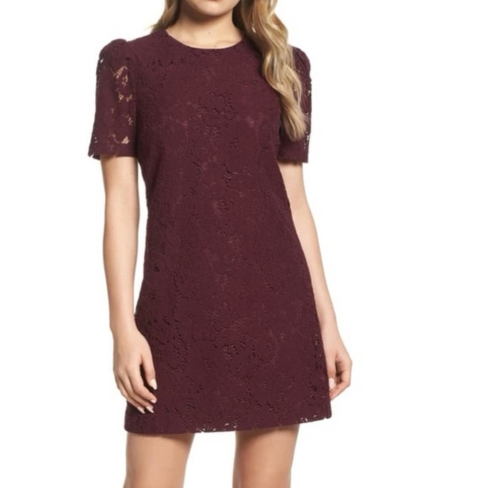 Charles Henry Merlot Floral Lace Shift Dress XSP, Keyhole, Sheer Sleeve